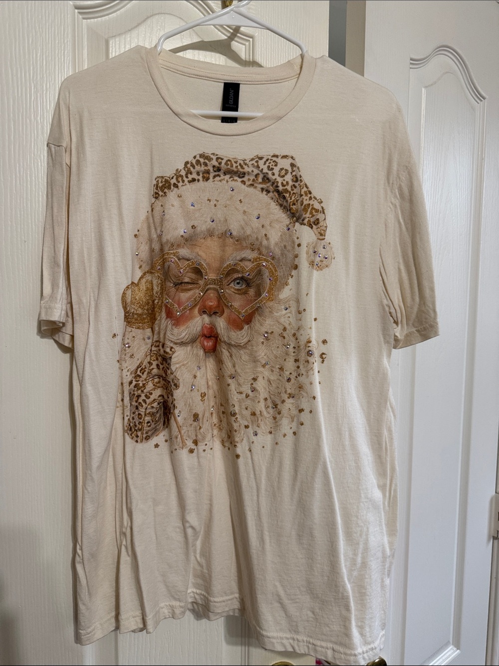 Gildan Cream Short-Sleeve Tee with Leopard-Accented Santa Graphic